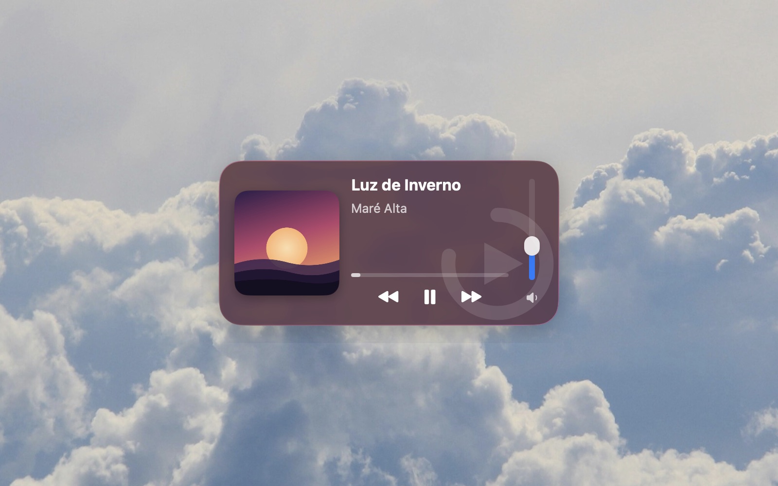 The WidPlayer widget on the macOS desktop, with artwork, title, artist, progress bar, playback controls and volume.