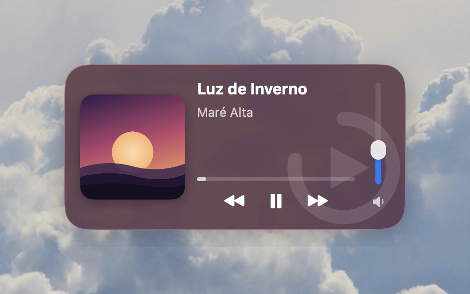 Widget in the wide 2×1 format, with large artwork and a vertical volume slider.